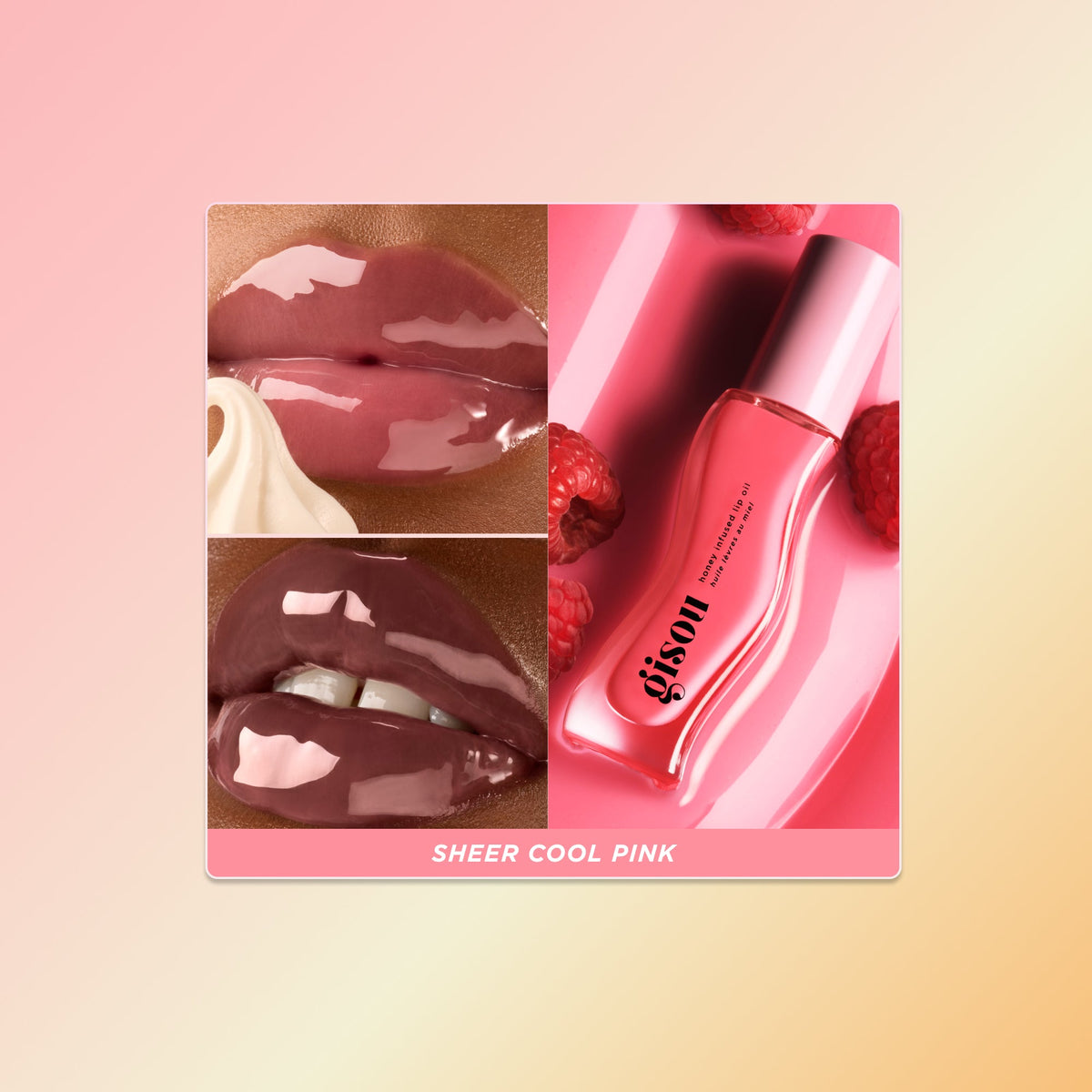 Lip oil swatch on two different skin tones.