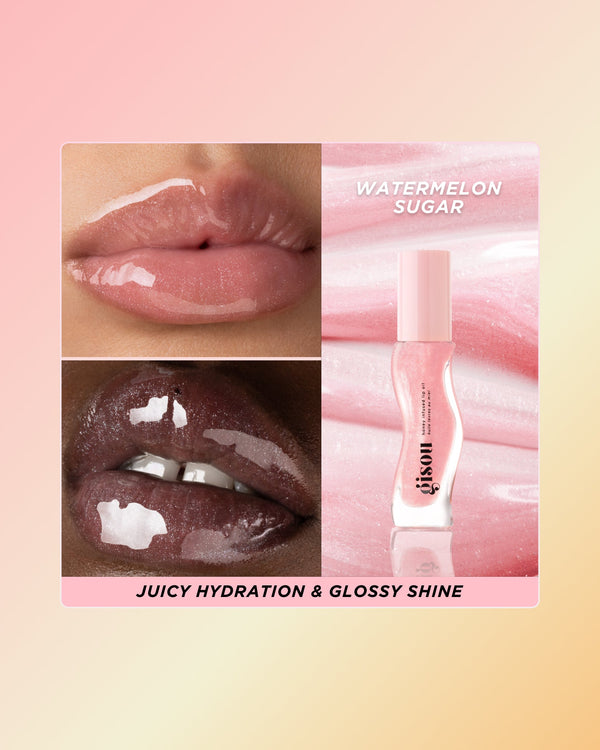 Pink lip oil swatch on two skin tones.