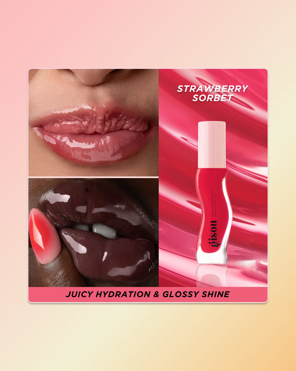 Strawberry lip oil swatch on two skin tones.