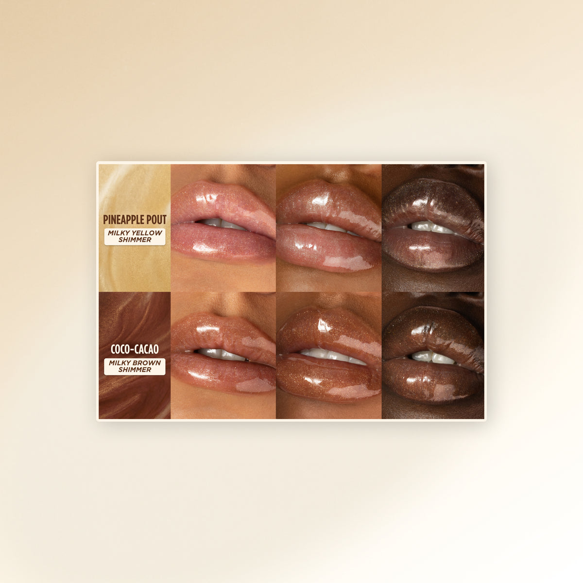Grid of lips on different skin tones comparing Coco-Cacao and Pineapple Pout, showing glossy finish and colour variation across shades.