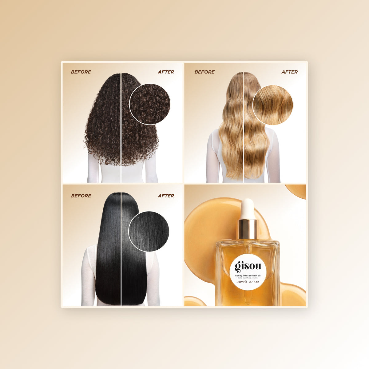 Before/after grid showing coily, wavy, straight, and curly hair looking smoother and shinier, with a hair oil bottle in the corner.