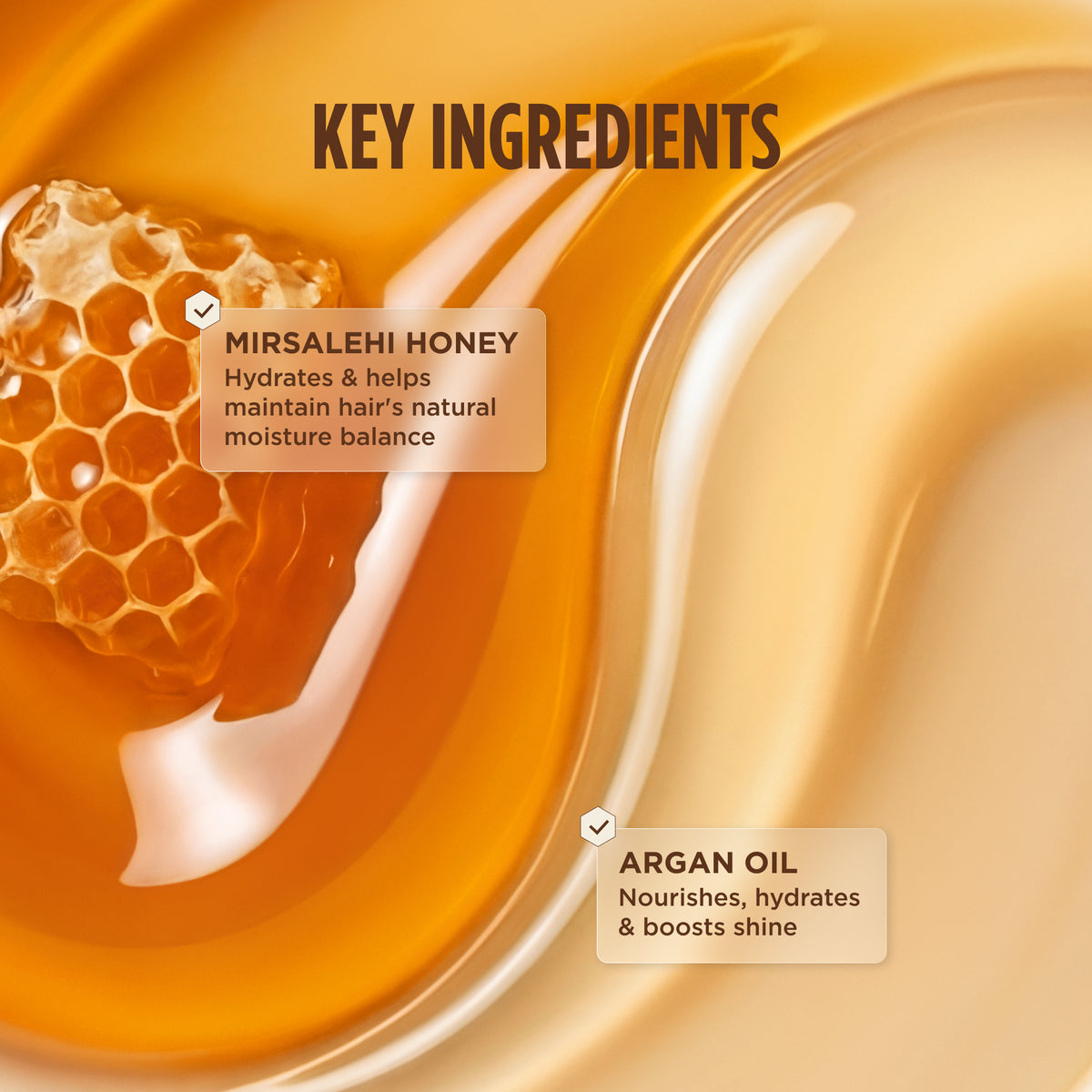Close-up swirl of honey and argan oil, listing Gisou's key ingredients: Mirsalehi Honey and Argan Oil, with their benefits.