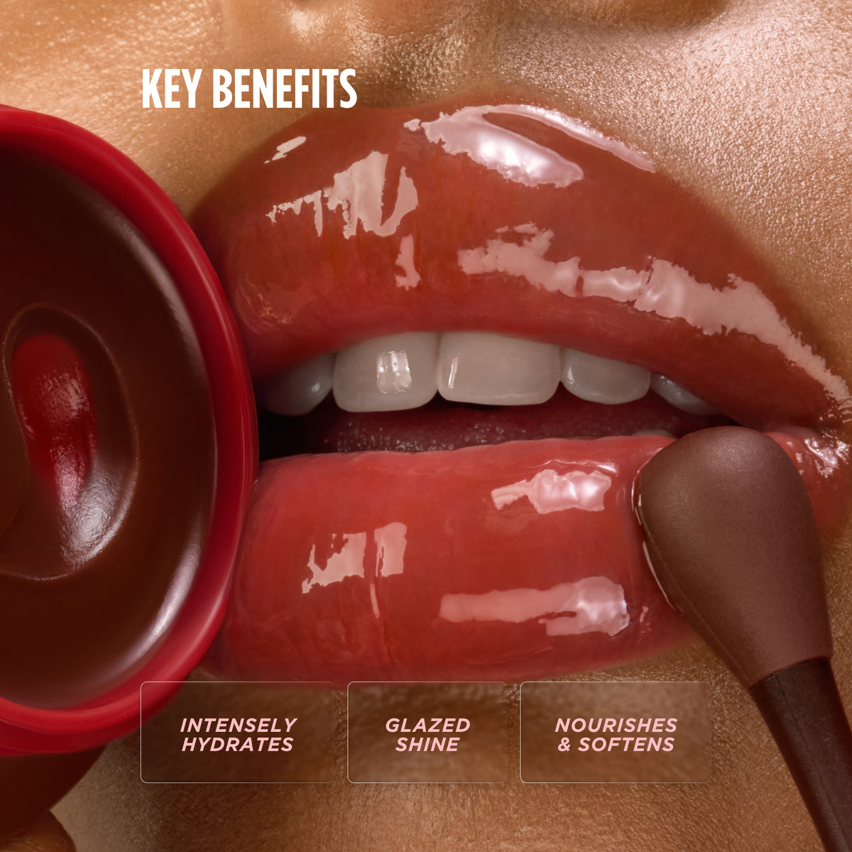 Close-up of a lip mask wand applying mask to lips, listing key benefits.
