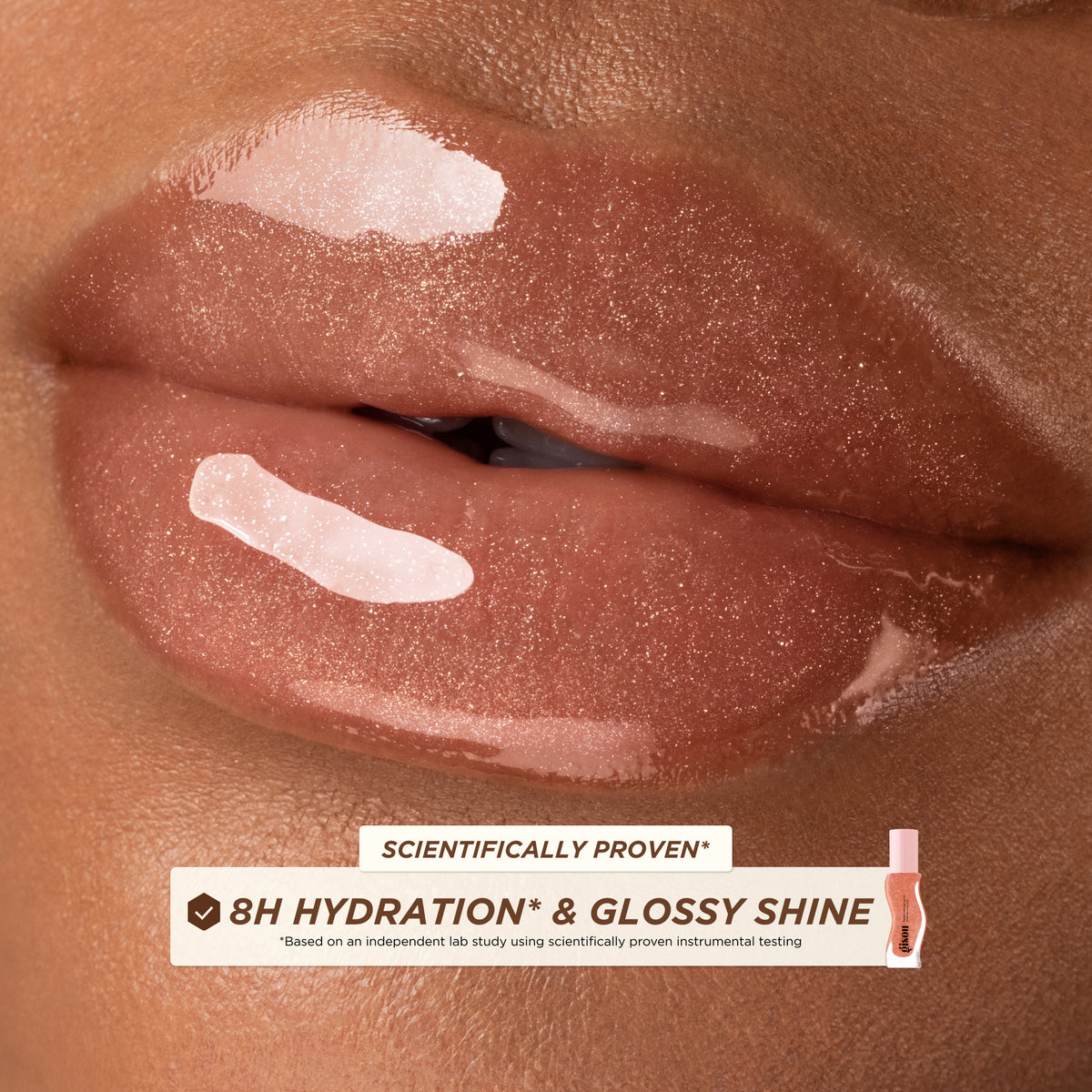 Close-up of glossy lips showing Honey Infused Lip Oil in Glazed Plum with 8H hydration and high-shine finish.