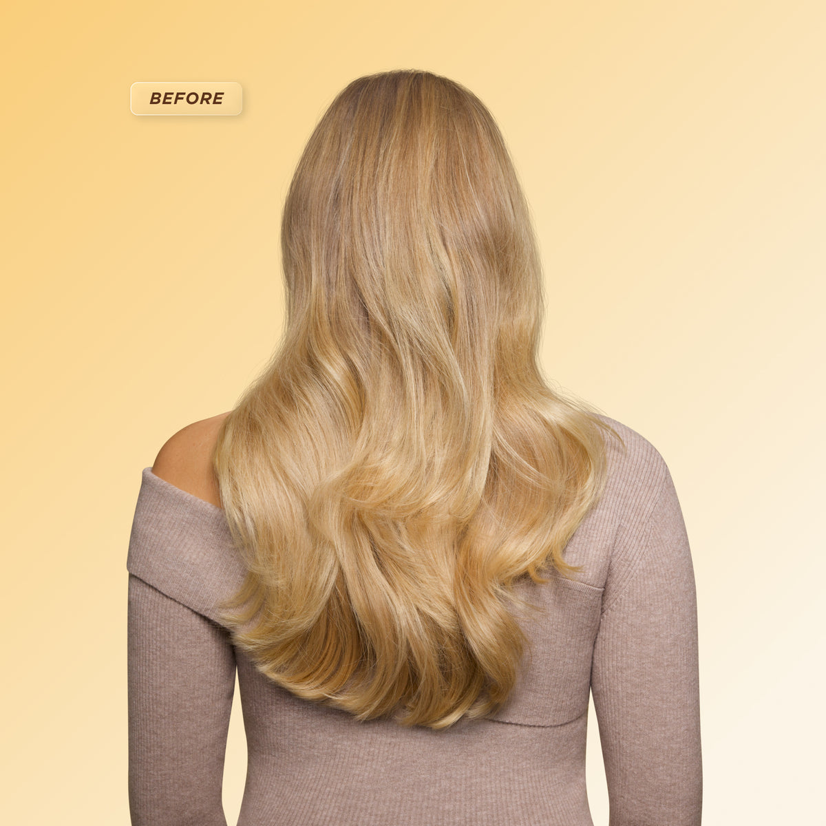 Before: Long blonde hair with dryness, frizz, and low shine before using Gisou Honey Gloss Ceramide Therapy Hair Mask.