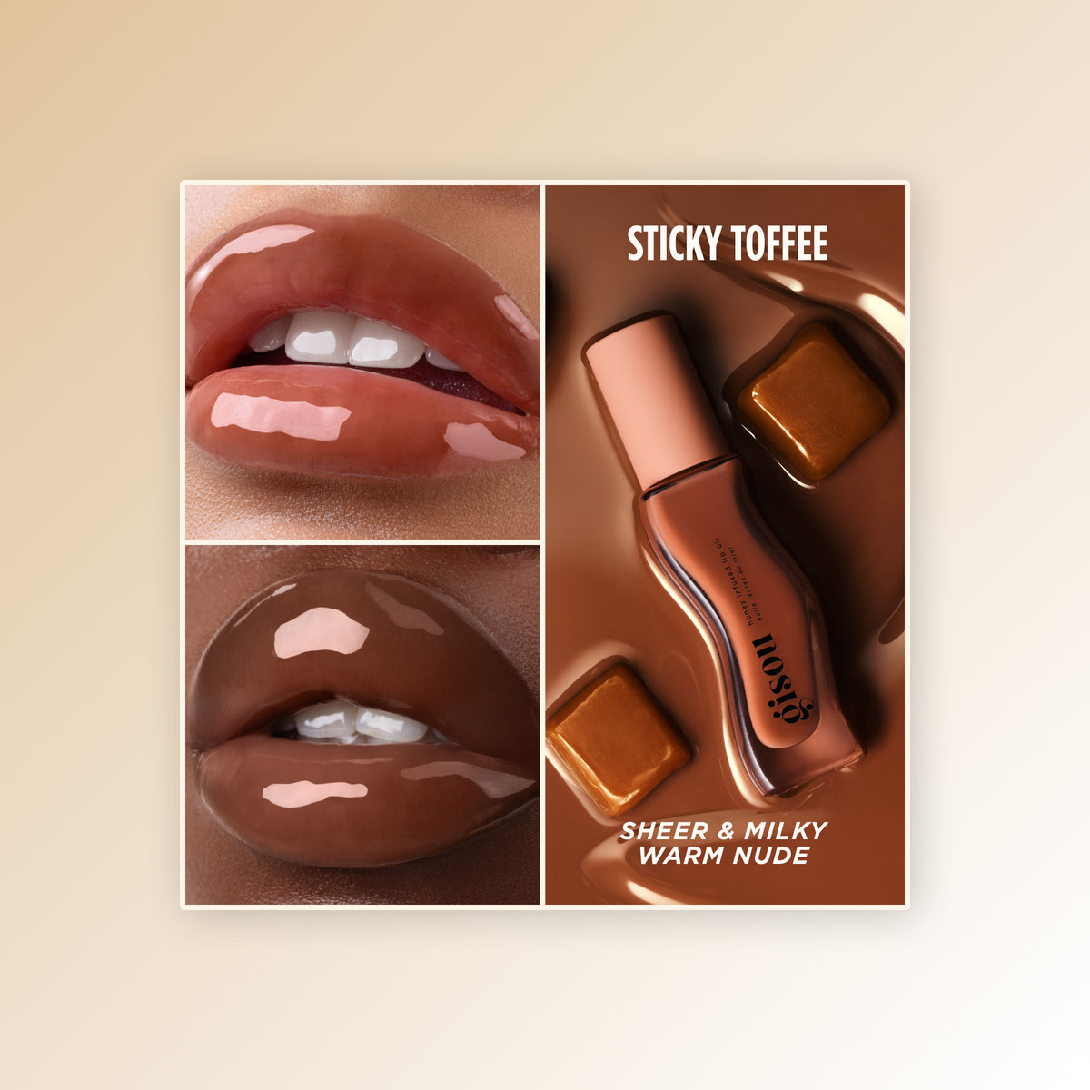 Two-photo collage of glossy lips in the Gisou Lip Oil shade Sticky Toffee, described as 