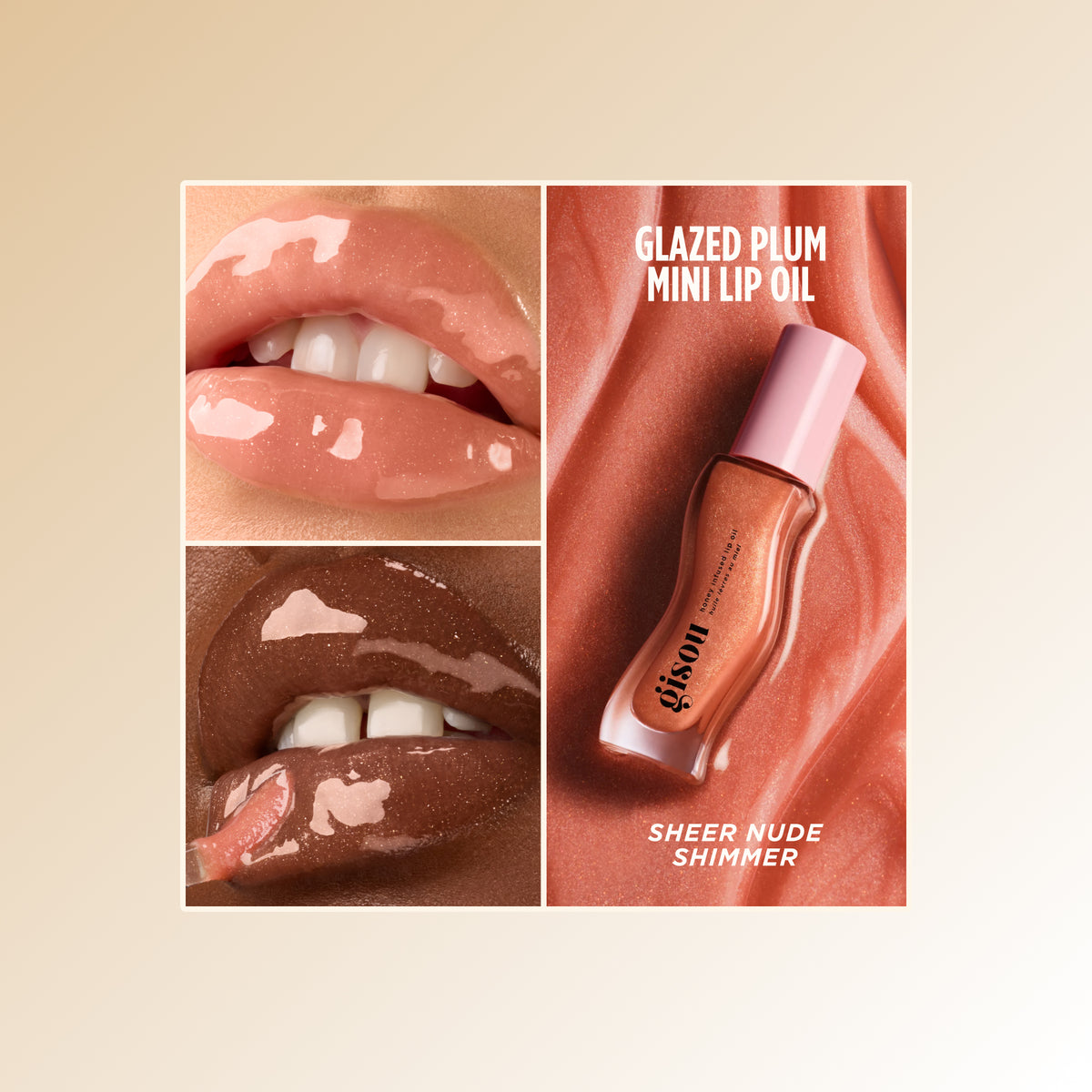 Three-photo collage of glossy lips in the Gisou Mini Lip Oil shade Glazed Plum, described as 