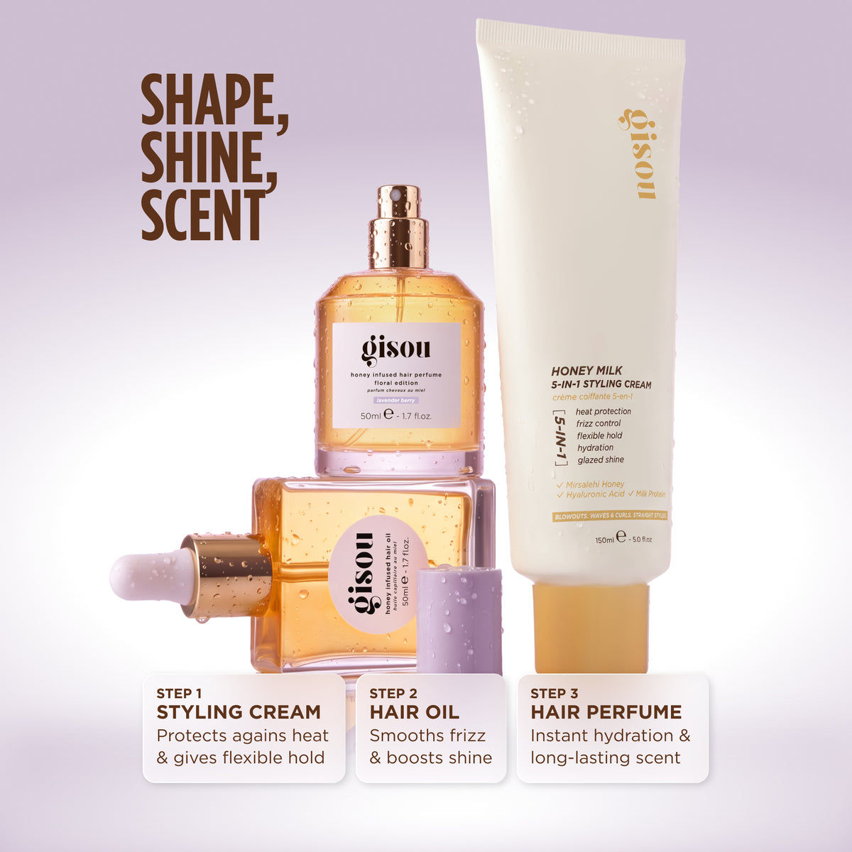 Gisou 5-in-1 Styling Cream, Hair Oil, and Lavender Berry Hair Perfume, 