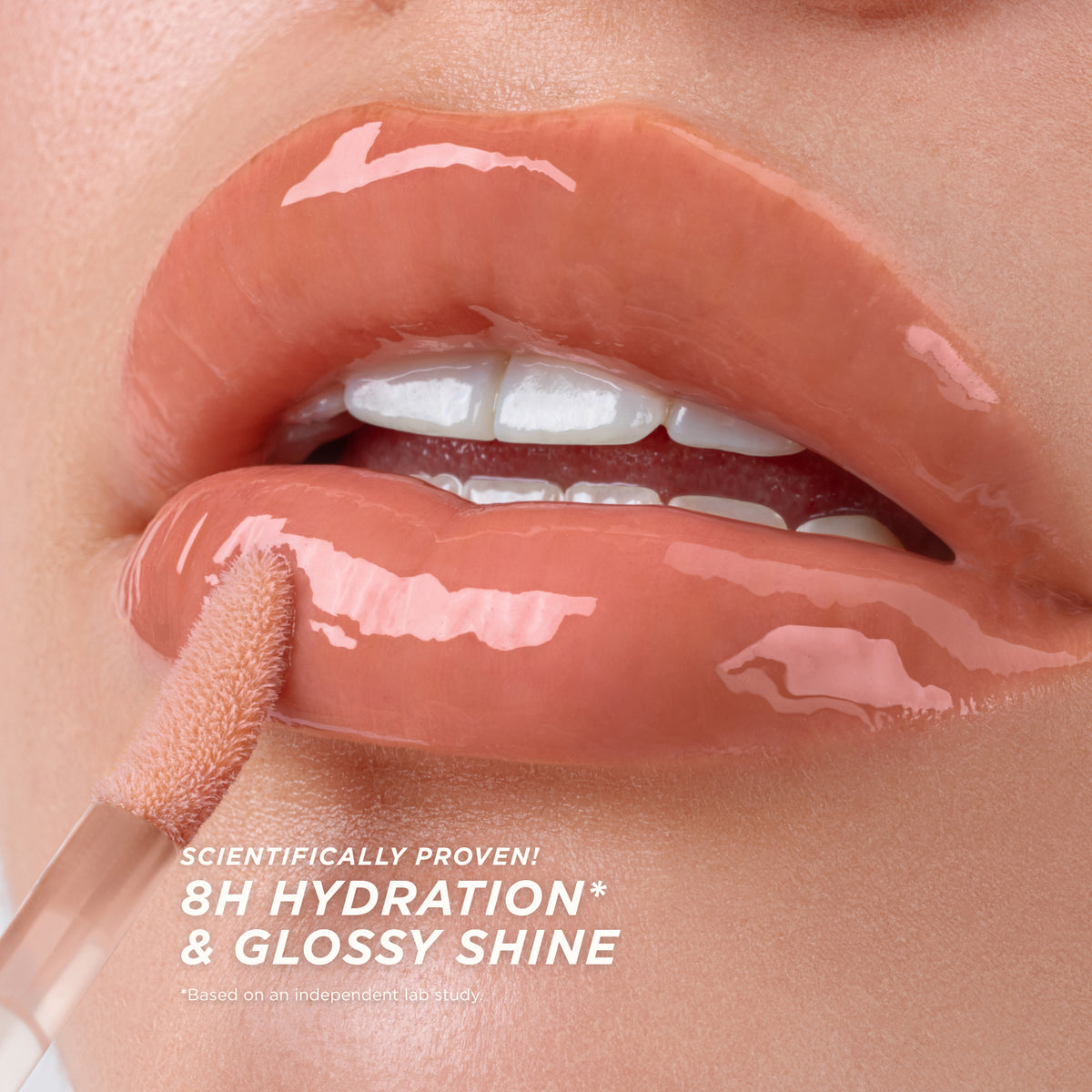 Close-up of glossy lips with lip oil, labeled 8-hour hydration and glossy shine.