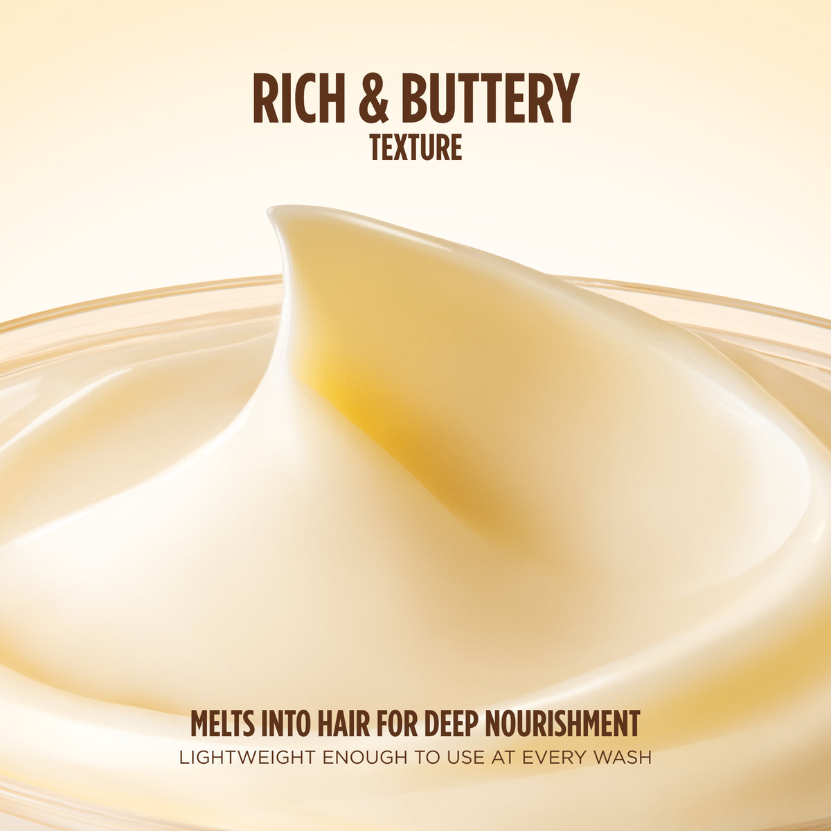 Close-up of the hair mask's creamy texture swirling in a bowl, labeled rich and buttery