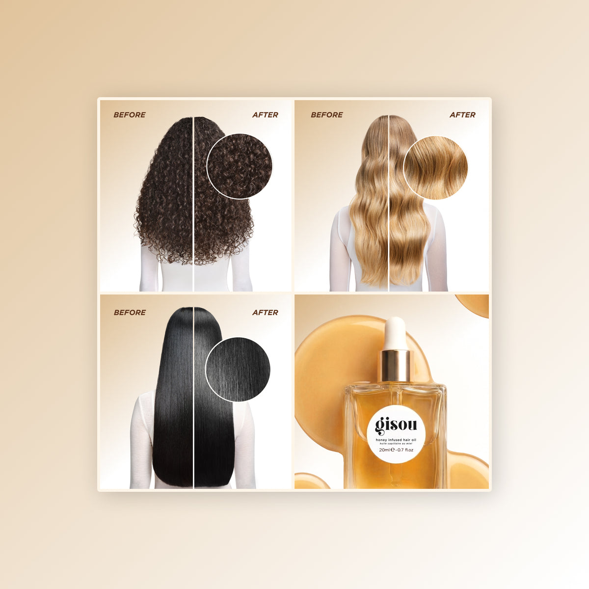 Before/after grid showing coily and wavy hair looking smoother and shinier, with a hair oil bottle in the corner.