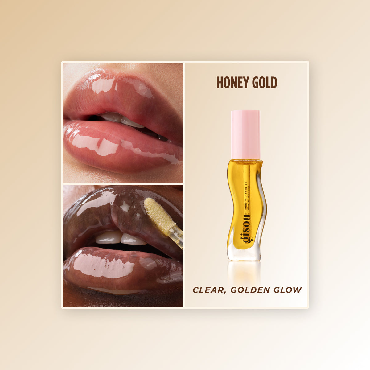 Two-photo collage of glossy lips in the Gisou Honey Infused Lip Oil shade Honey Gold, described as 