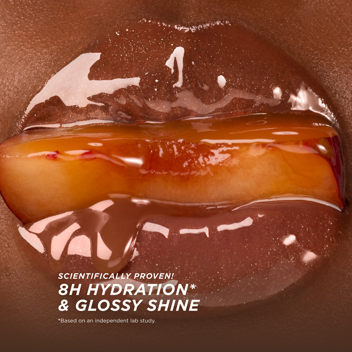 Close-up of glossy lips with lip oil, labeled 8-hour hydration and glossy shine.