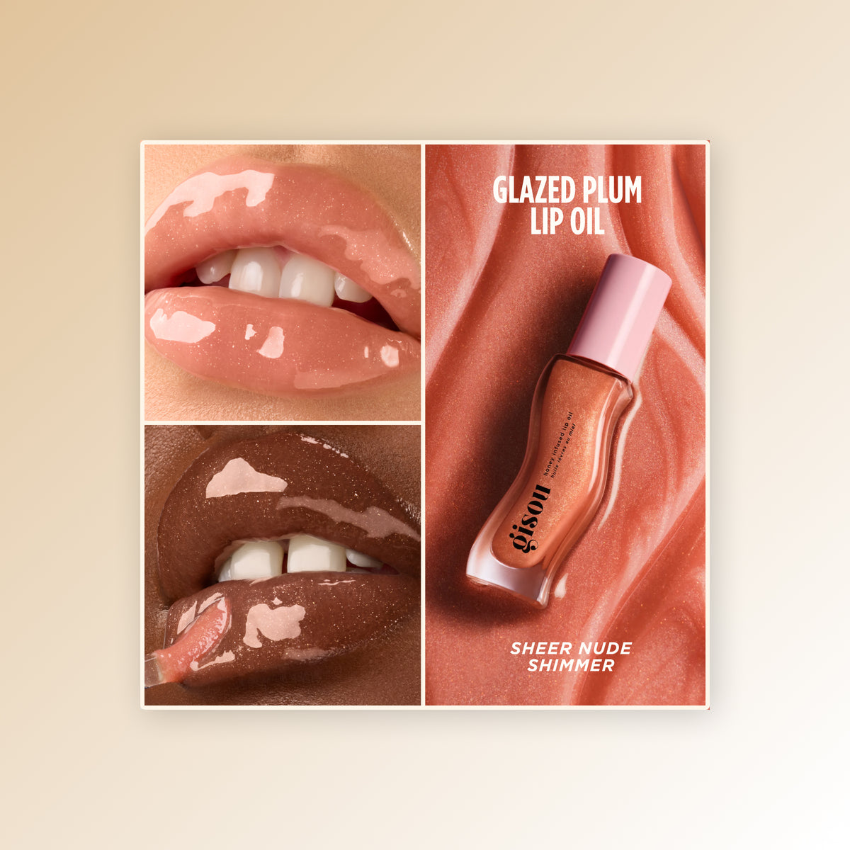 Two-photo collage of glossy lips in the Gisou Honey Infused Lip Oil shade Glazed Plum, described as 