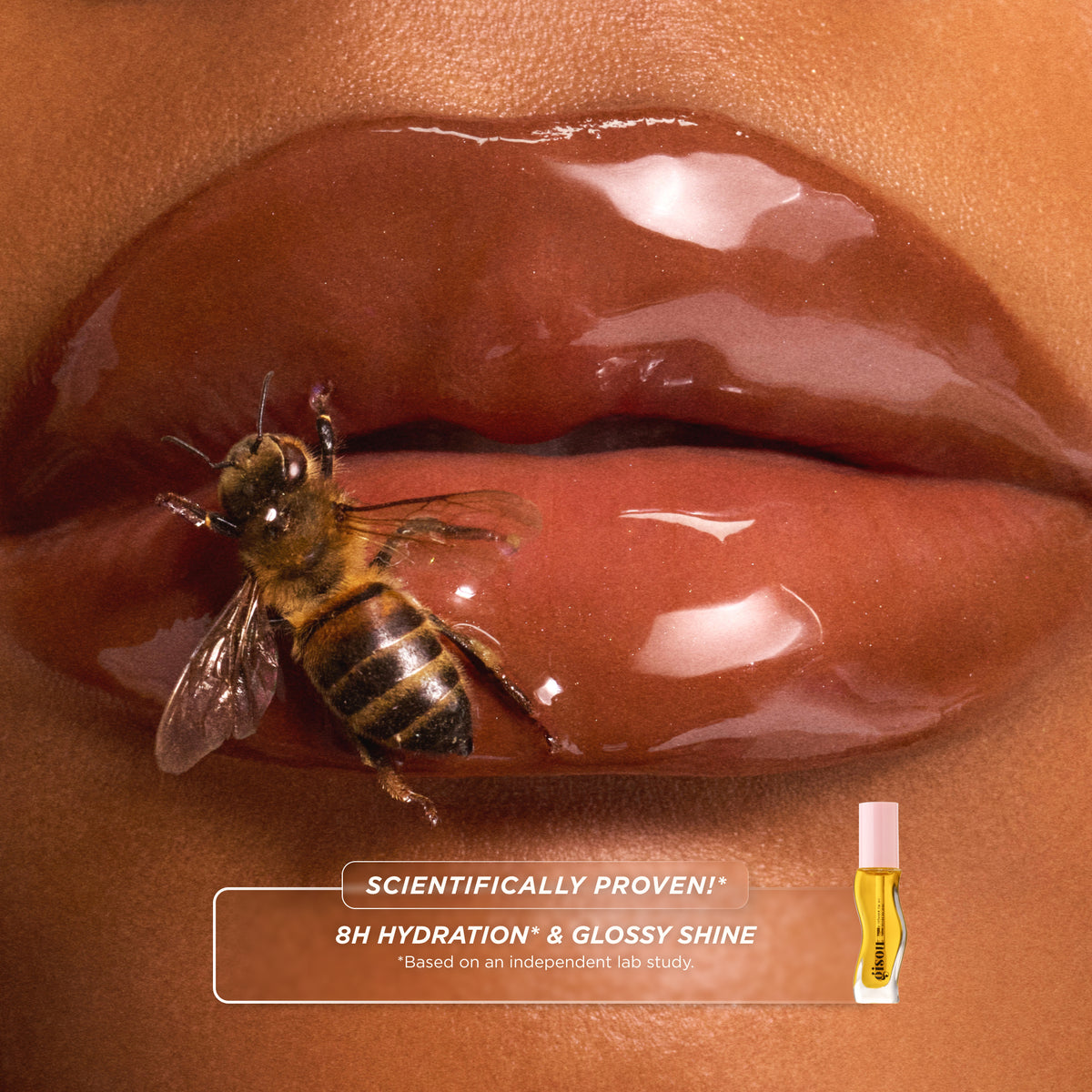 Close-up of a bee on glossy lips with a Honey Infused Lip Oil bottle, labeled scientifically proven 8-hour hydration and glossy shine.