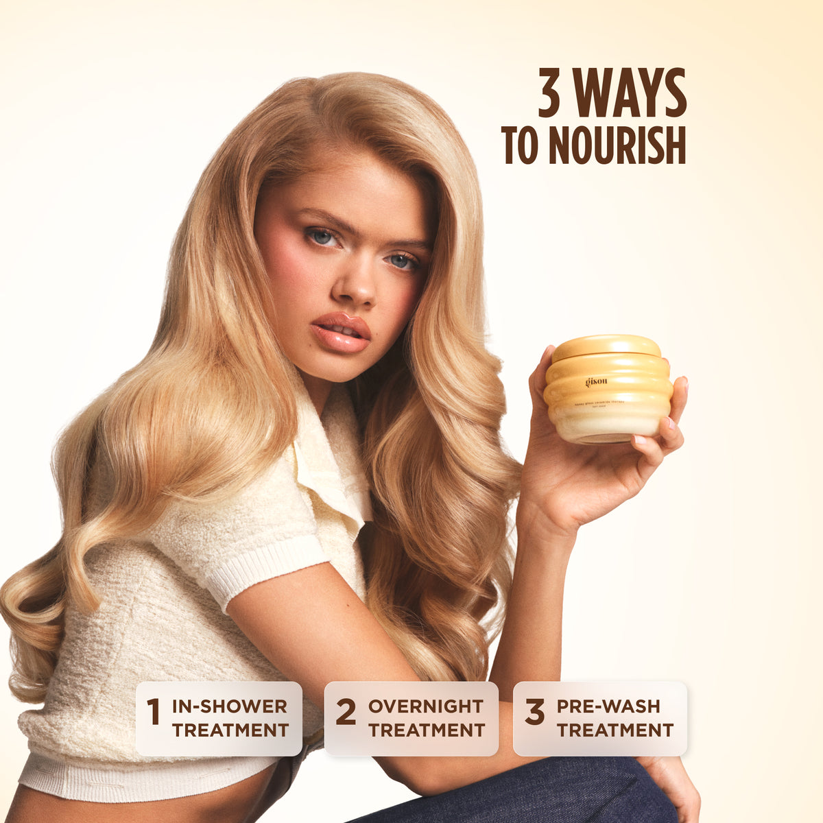 Model with long wavy blonde hair holding the hair mask, listing three uses: in-shower, overnight, and pre-wash treatment.