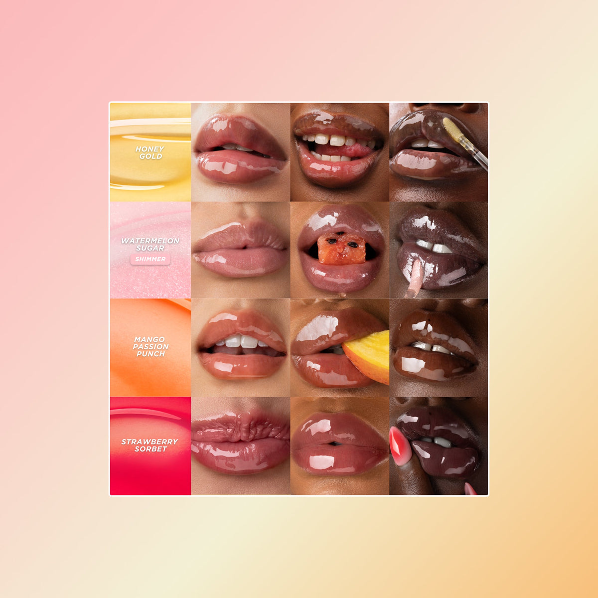 Four lip oil swatches on different skin tones.