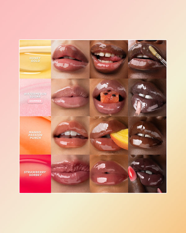 Lip oil swatches on different skin tones.