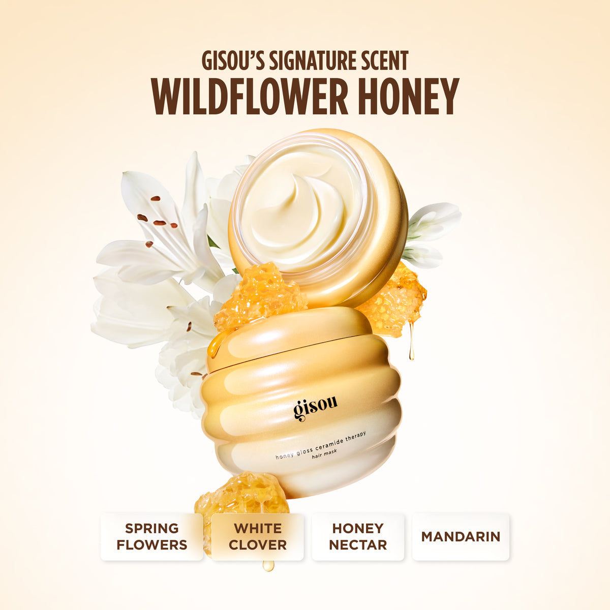 Gisou Honey Gloss Ceramide Therapy Hair Mask jar with lilies and honeycomb, titled 