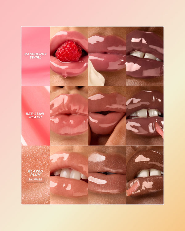 Three lip oil swatches on different skin tones.