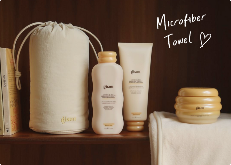 Gisou shampoo, conditioner, hair mask and Microfiber Towel with drawstring bag