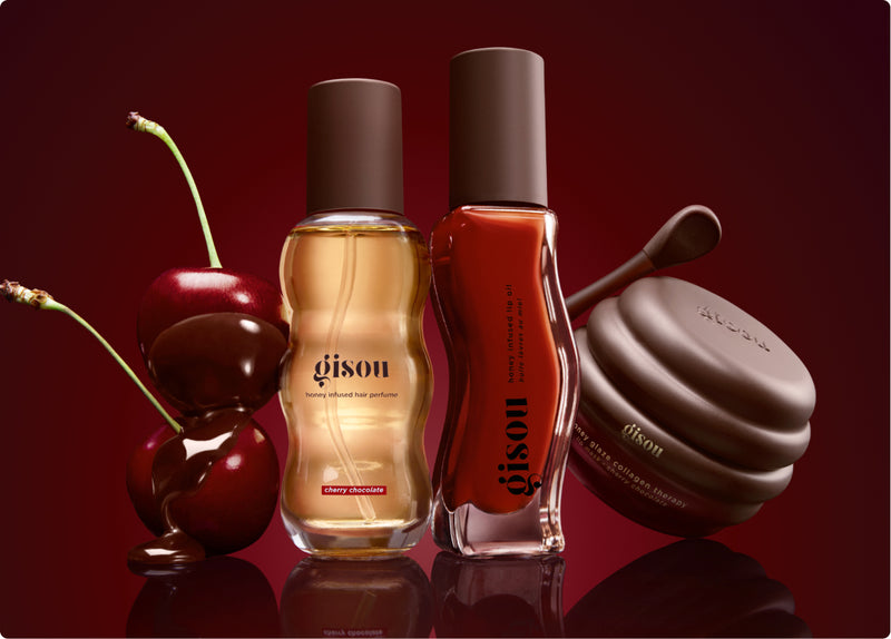 Gisou Cherry Chocolate hair perfume, lip oil and lip mask with chocolate-dipped cherries