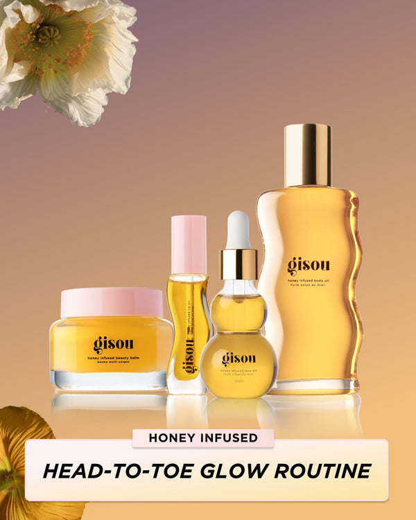 Head-to-toe glow routine consisting of Honey Infused Beauty Balm, Lip Oil, Face Oil, and Body Oil