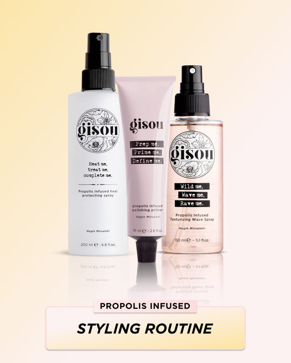Styling set consisting of Propolis Infused Protecting Spray, Polishing Primer, and Texturing Wave Spray