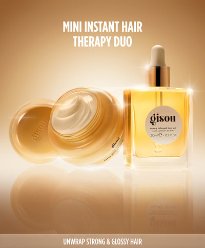 Gisou Instant Hair Therapy Duo holiday set showing the mini hair mask and hair oil.