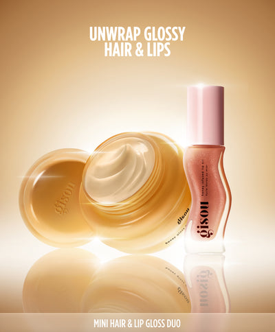 Gisou Mini Gloss Duo box with ribbon, hair mask, and lip oil, tagline 