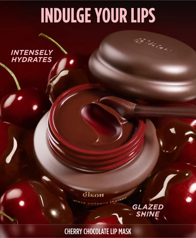 Gisou Lip Mask in Cherry Choco with a chocolate-dipped applicator, surrounded by cherries dipped in chocolate.