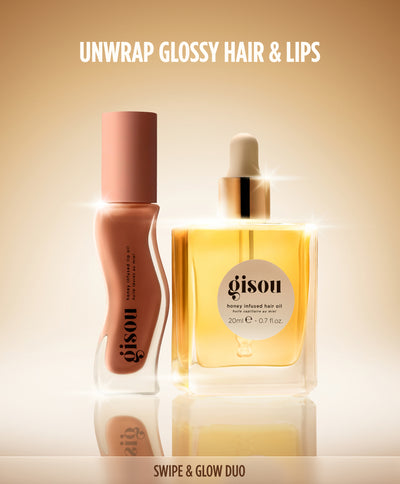 Gisou Swipe & Glow Duo set, lip oil, and hair oil.