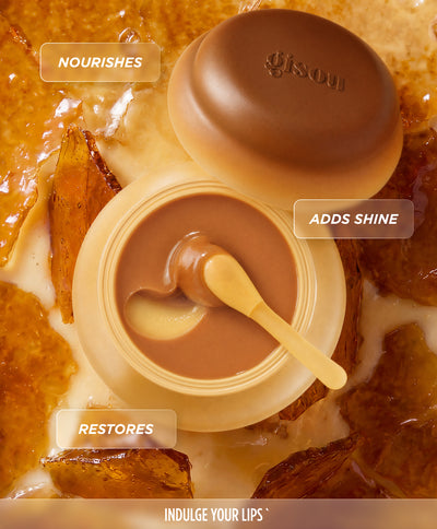 Gisou Crème Brûlée Lip Mask jar with key benefits