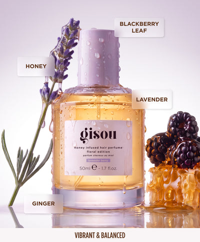 Gisou Honey Infused Hair Perfume Floral Edition bottle with lavender and blackberries, listing ingredients: honey, ginger, lavender, and blackberry leaf.