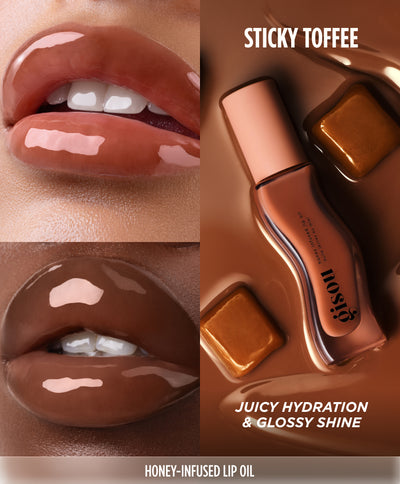 Two-photo collage of glossy lips in the Gisou Lip Oil shade Sticky Toffee, described as 
