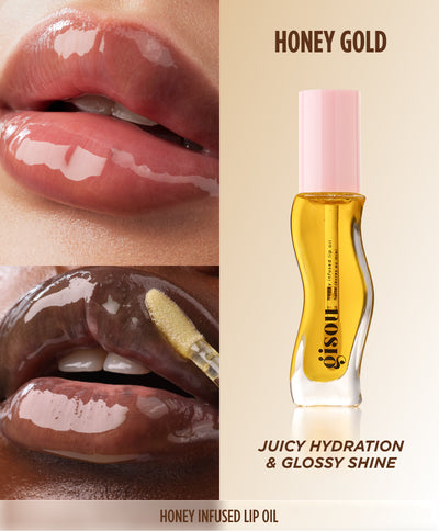 Two-photo collage of glossy lips in the Gisou Honey Infused Lip Oil shade Honey Gold, described as 