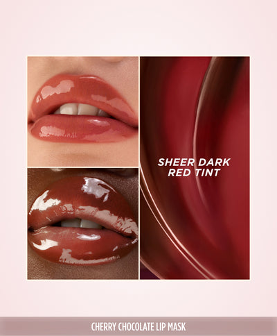 Two-photo collage of glossy lips in the Gisou Honey Infused Lip Oil shade Cherry Choco, described as 