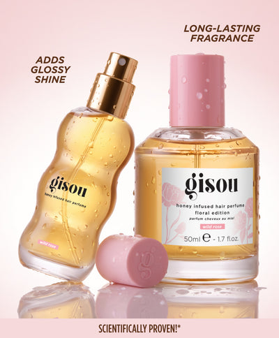 Wild Rose bottles in full-size and travel-size with key benefits: long-lasting fragrance, adds glossy shine.