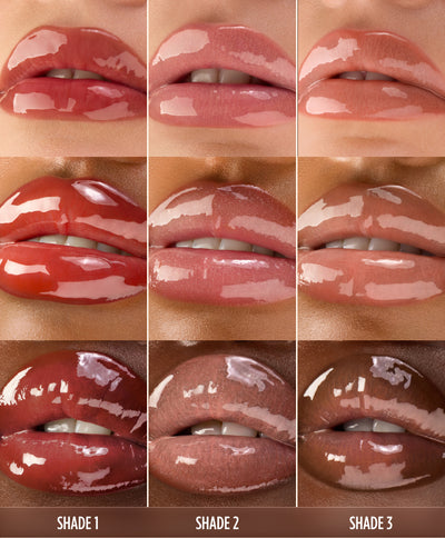 Grid of nine close-up lip swatches showing different glossy shades of the Gisou Cherry Chocolate, Sticky Toffee and Pink Praline  Lip Oils.