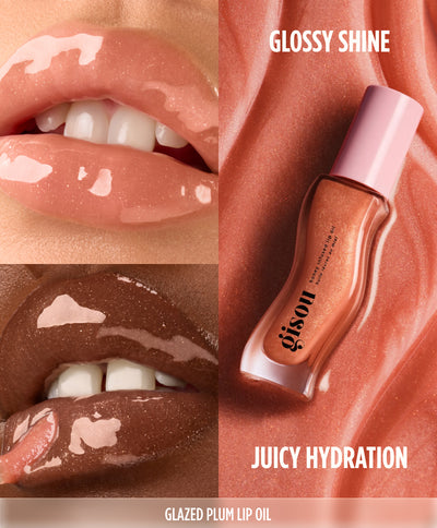 Three-photo collage of glossy lips in the Gisou Mini Lip Oil shade Glazed Plum.