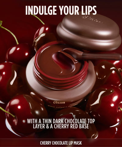 Indulge your lips: Gisou Cherry Chocolate Lip Mask with a thin dark chocolate top and cherry red base