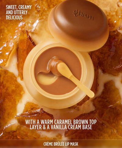 Gisou Crème Brûlée Lip Mask with a warm caramel brown top layer and vanilla cream base
