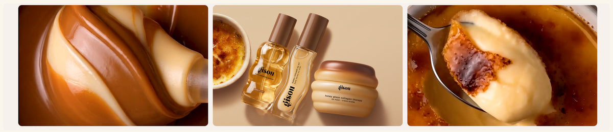 Collage of a caramel swirl, the Gisou Crème Brûlée Collection and a spoonful of crème brûlée