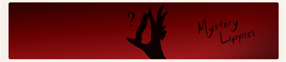 Mystery Lippies banner with a silhouetted hand and a question mark on dark red