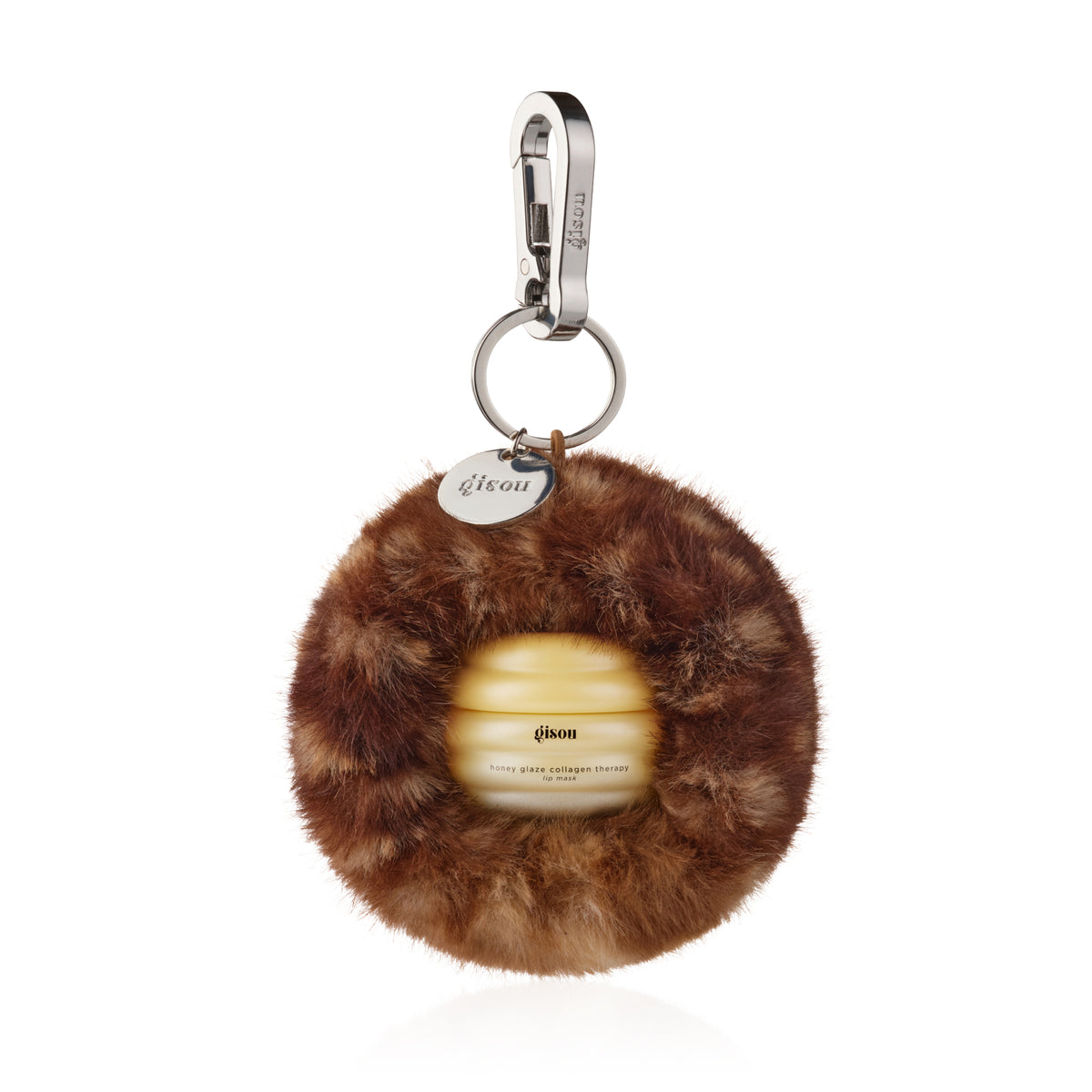 Dottie Honey Fluff: fawn-print faux fur keychain holding a Gisou lip mask