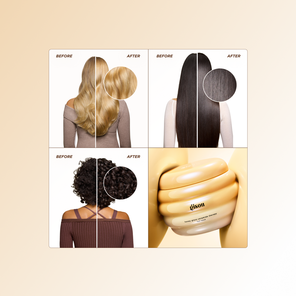 Before/after photos of wavy blonde, straight, and curly hair, plus a shot of the Gisou Honey Gloss Ceramide Therapy Hair Mask jar.