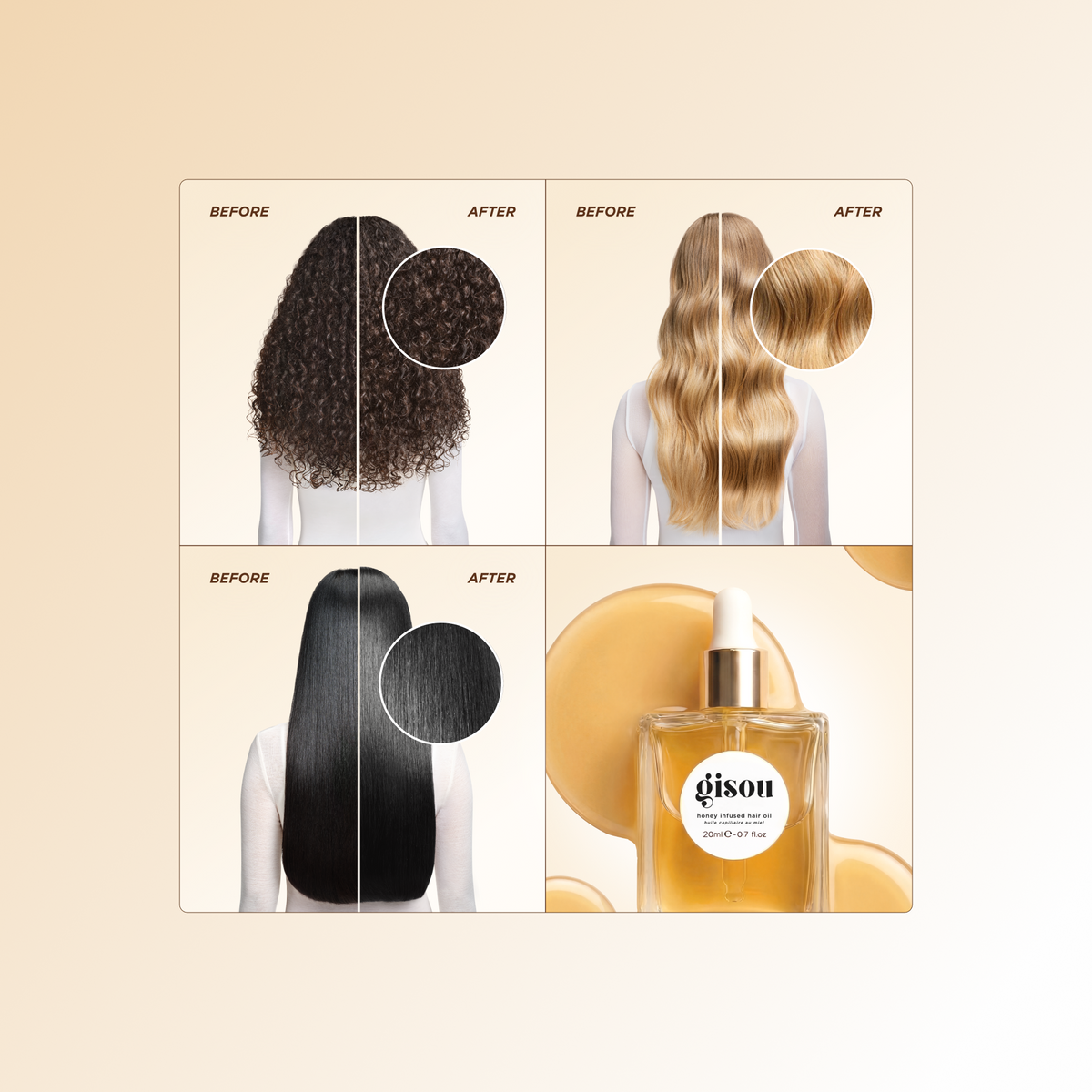 Before/after photos of curly, wavy blonde, and straight hair looking shinier after using Gisou Honey Infused Hair Oil, plus a shot of the bottle.