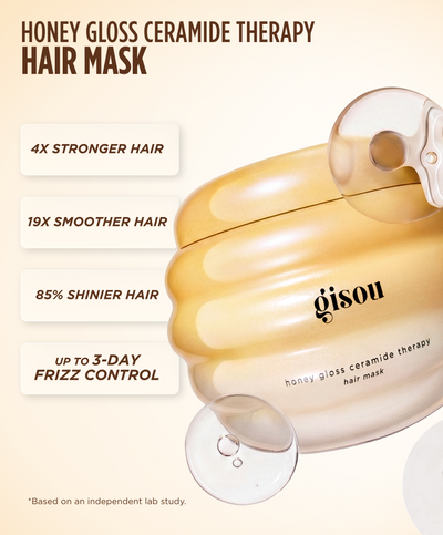 Gisou Honey Gloss Ceramide Therapy Hair Mask infographic: 4x stronger, 19x smoother, 85% shinier hair, up to 3-day frizz control.