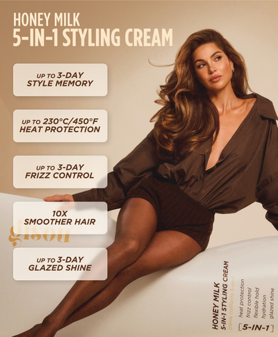 Model with voluminous curled hair next to Gisou Honey Milk 5-in-1 Styling Cream, listing benefits: 3-day style memory, heat protection up to 230°C/450°F, 3-day frizz control, 10x smoother hair, and 3-day glazed shine.