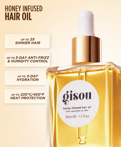 Gisou Honey Infused Hair Oil benefits infographic: 2x shinier hair, 3-day anti-frizz, 3-day hydration, heat protection.